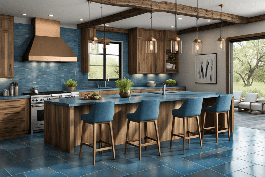 modern rustic interior design blue kitchen island and dining room