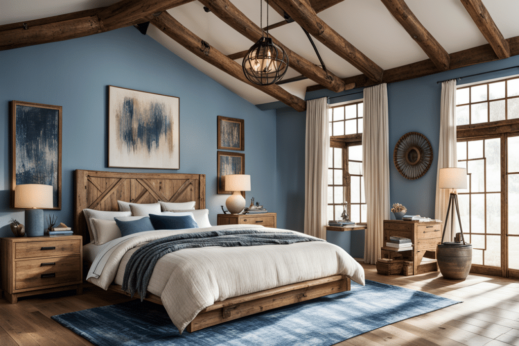 modern rustic interior design blue bedroom