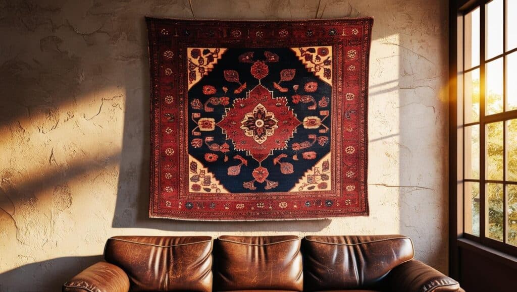 wall decor ideas bohemian living room with a vintage Persian rug hanging on the wall above a leather couch