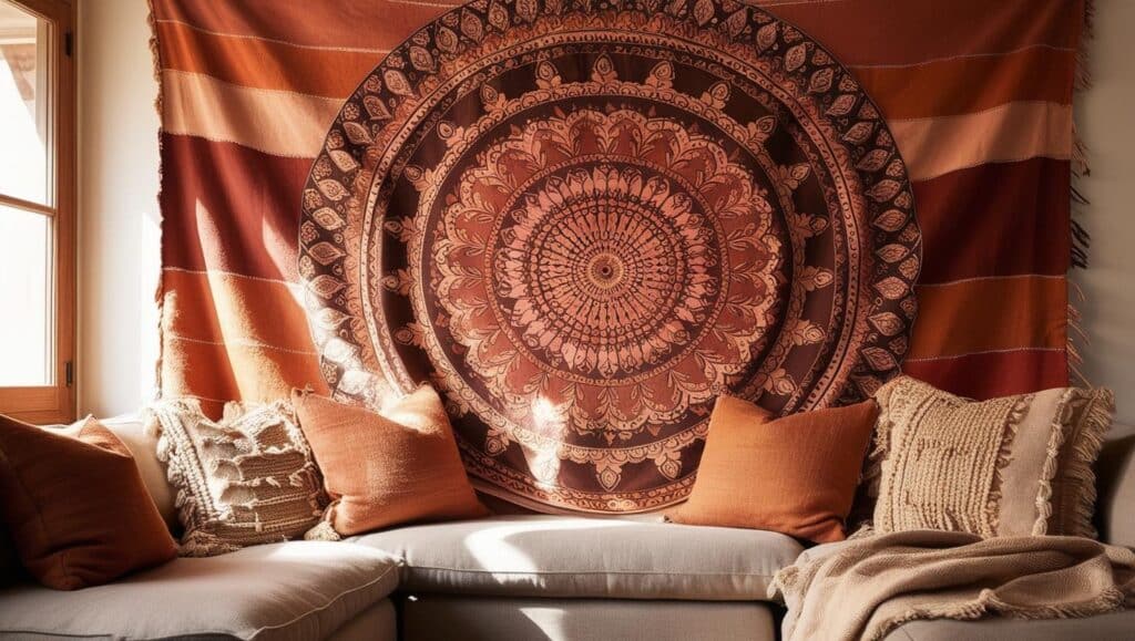 wall decor ideas boho-chic room with a large mandala tapestry in earth tones hanging behind a cozy seating area