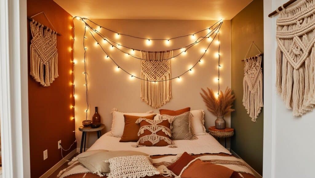 wall decor ideas boho-style bedroom with warm string lights draped across the walls and ceiling