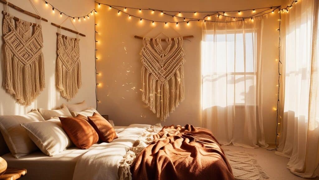 wall decor ideas boho-style bedroom with warm string lights draped across the walls and ceiling