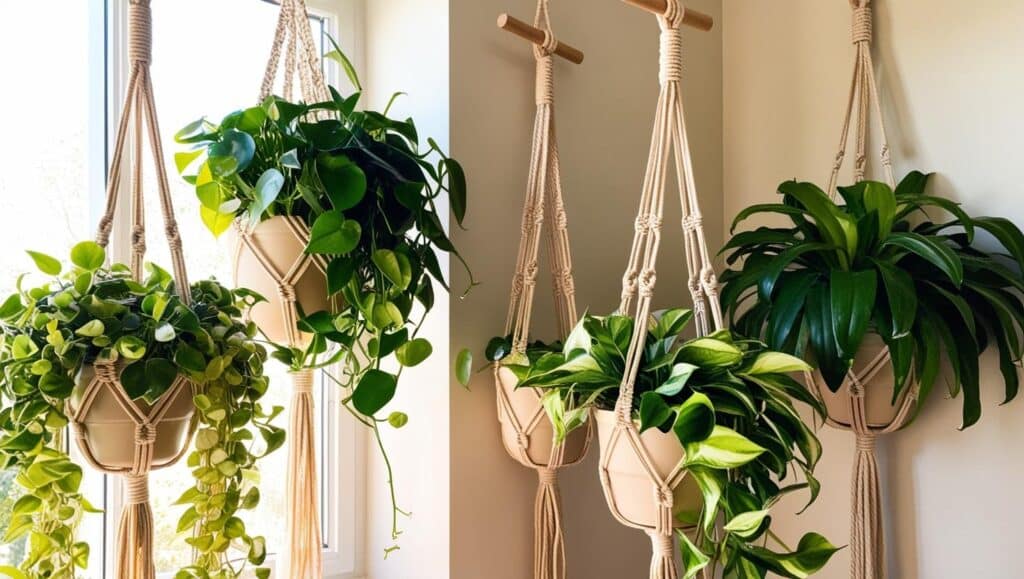 wall decor ideas bright corner with macrame plant hangers holding lush green plants cascading down