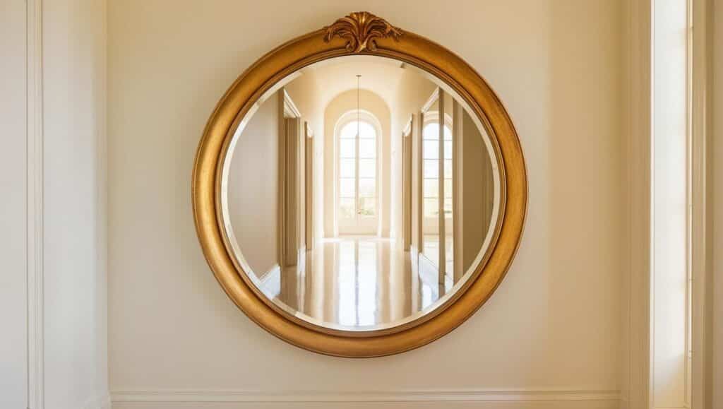 wall decor ideas bright hallway with a large round mirror with a gold frame reflecting natural light