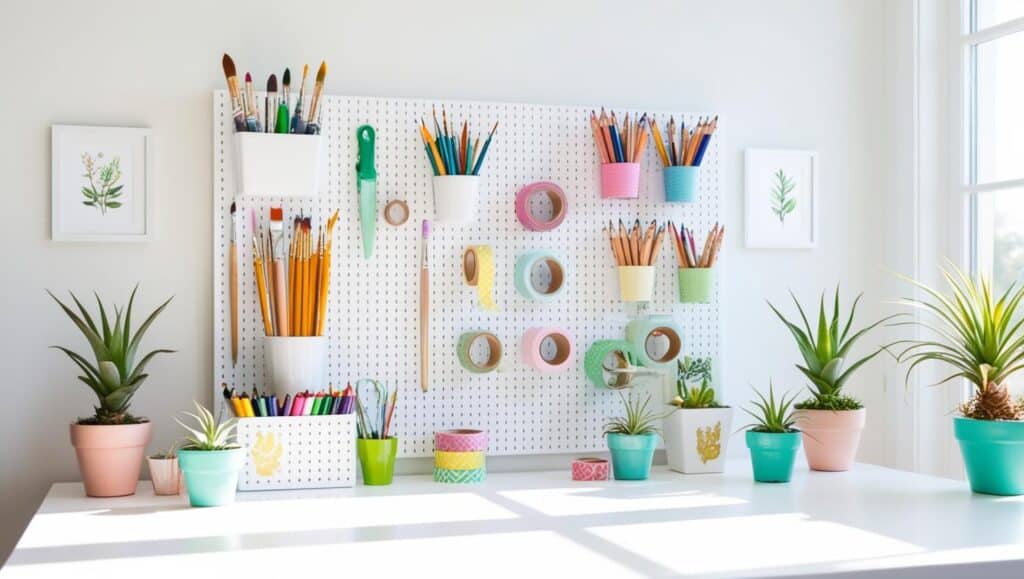 wall decor ideas craft room with a white pegboard holding art supplies, small potted plants, and hanging frames