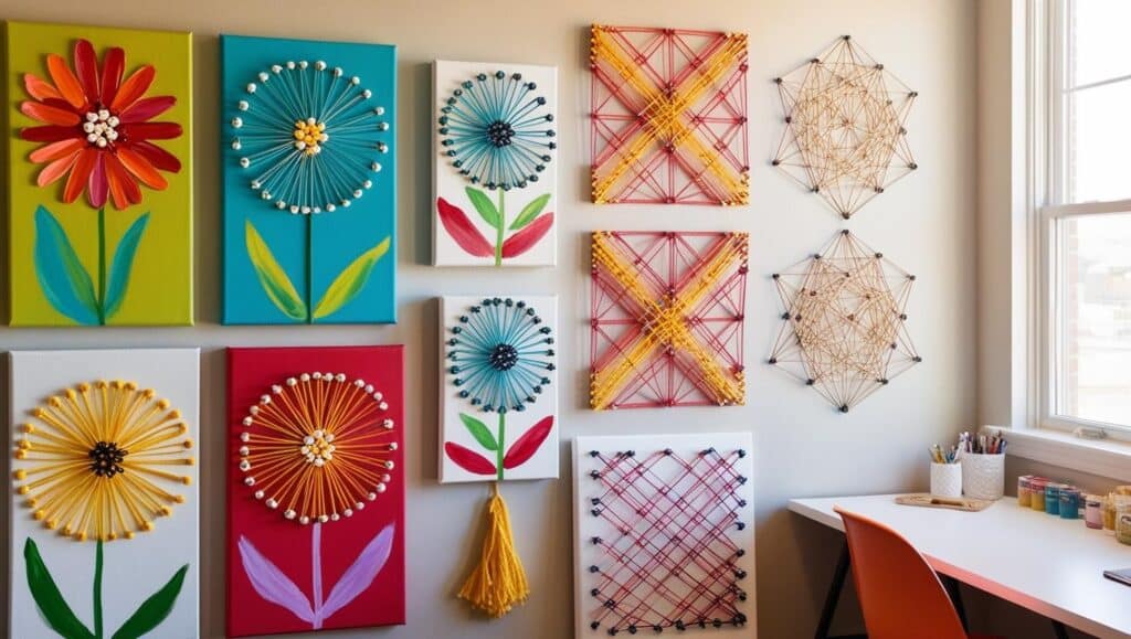 wall decor ideas creative workspace with hand-painted canvas art and DIY string art on the walls