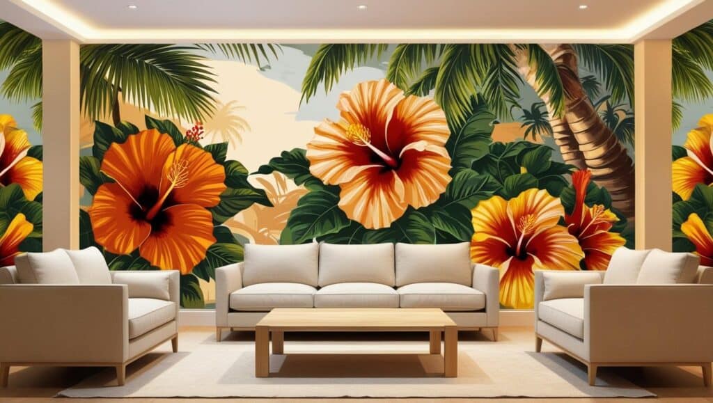 wall decor ideas feature wall with a bold tropical mural in a vibrant living room with neutral furniture