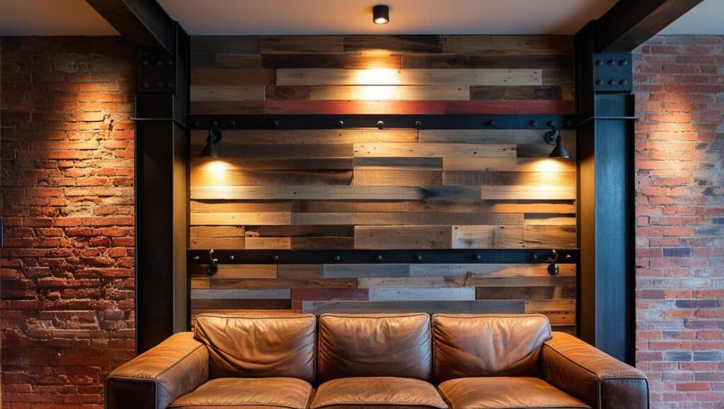 wall decor ideas industrial-style living room featuring a wall with a combination of wood planks, exposed brick, and metal accents