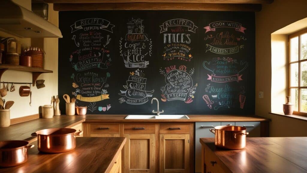 wall decor ideas kitchen with a full chalkboard wall covered in handwritten recipes and doodles