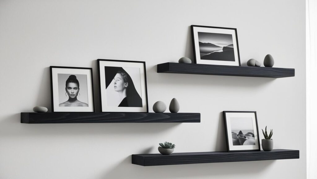 wall decor ideas minimalist wall with wooden photo ledges displaying framed black-and-white photos and small decor items