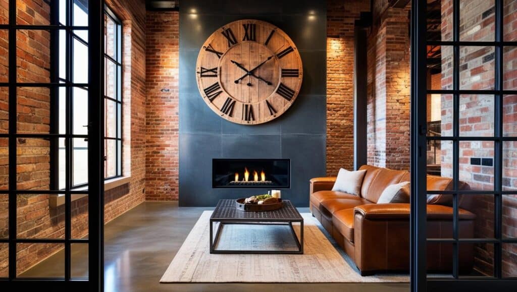 wall decor ideas modern industrial living room with an oversized rustic wall clock above a fireplace