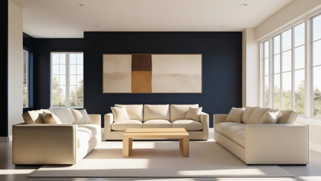 wall decor ideas modern living room with a dark navy-blue accent wall contrasting with light furniture