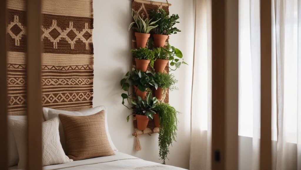 wall decor ideas serene bedroom with woven jute wall hangings and a small vertical garden on the wall