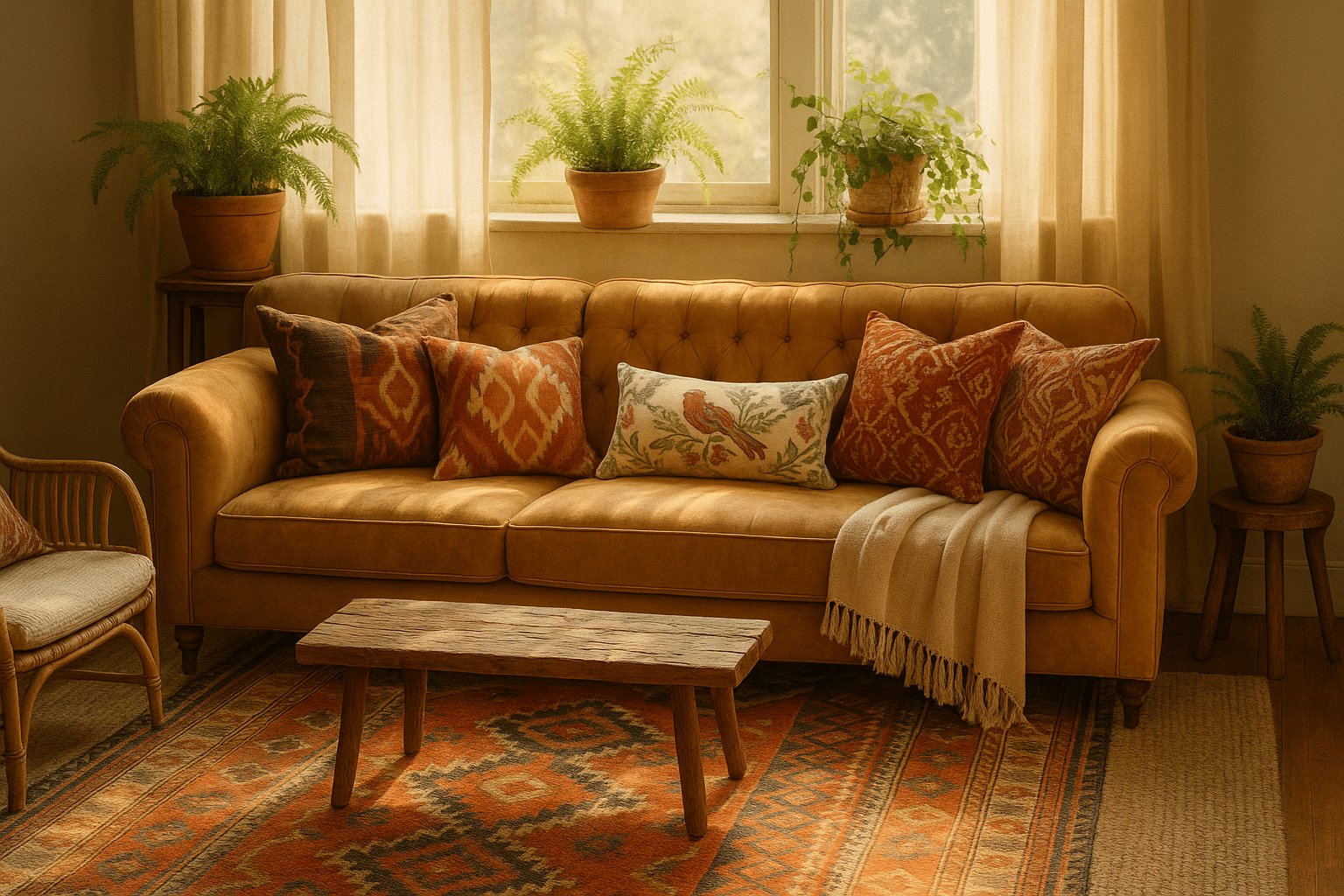 Boho living room with warm sculptural lighting