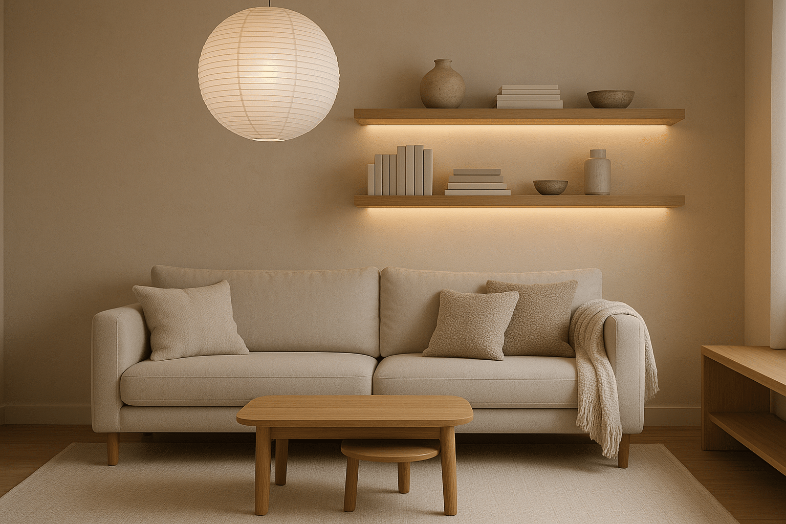 Japandi living room with neutral rug and textured textiles