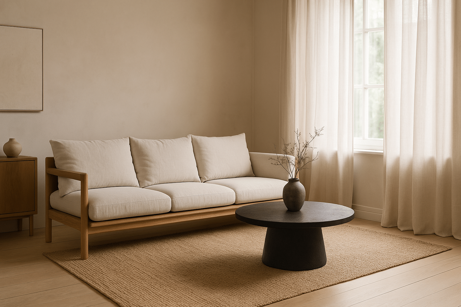 Japandi room with natural texture and simple storage