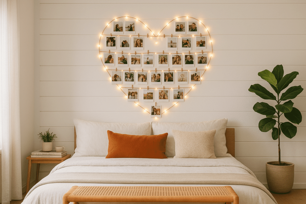 Heart-shaped photo collage DIY bedroom decor